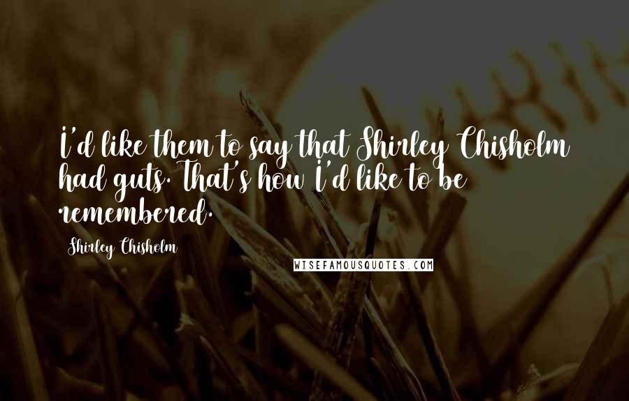 Shirley Chisholm Quotes: I'd like them to say that Shirley Chisholm had guts. That's how I'd like to be remembered.