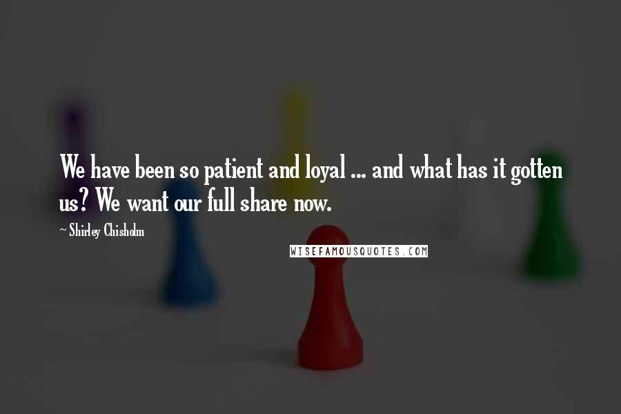 Shirley Chisholm Quotes: We have been so patient and loyal ... and what has it gotten us? We want our full share now.