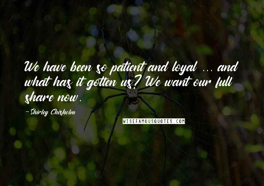 Shirley Chisholm Quotes: We have been so patient and loyal ... and what has it gotten us? We want our full share now.