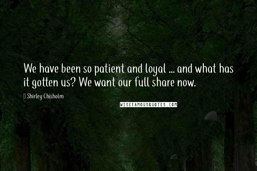 Shirley Chisholm Quotes: We have been so patient and loyal ... and what has it gotten us? We want our full share now.