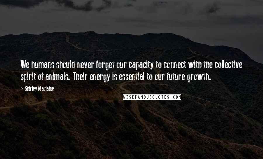 Shirley Maclaine Quotes: We humans should never forget our capacity to connect with the collective spirit of animals. Their energy is essential to our future growth.
