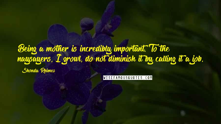 Shonda Rhimes Quotes: Being a mother is incredibly important. To the naysayers, I growl, do not diminish it by calling it a job.