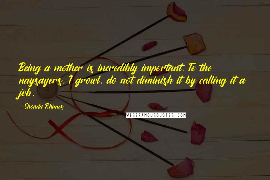 Shonda Rhimes Quotes: Being a mother is incredibly important. To the naysayers, I growl, do not diminish it by calling it a job.
