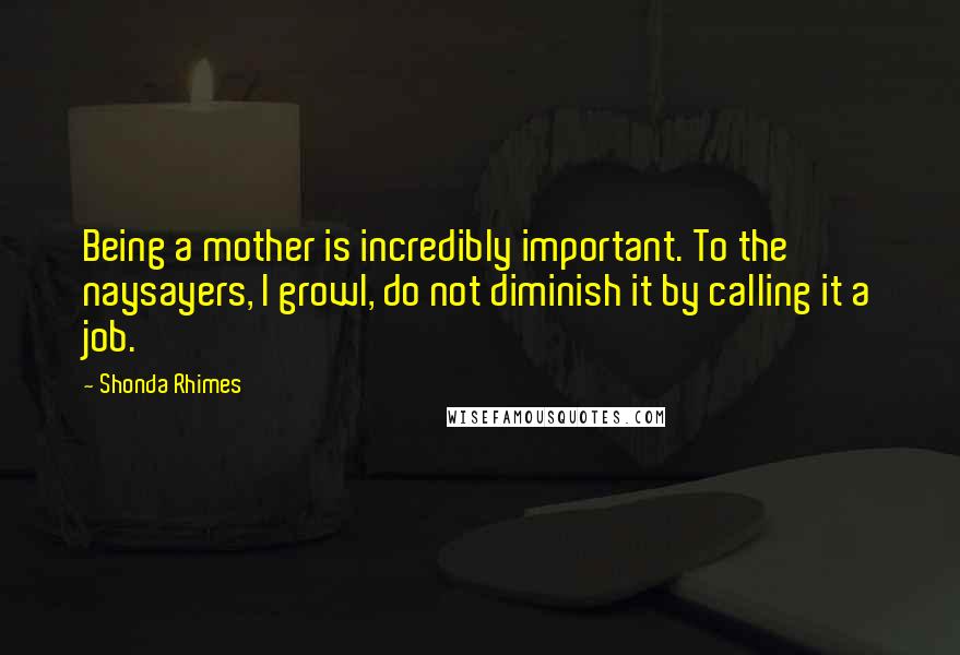 Shonda Rhimes Quotes: Being a mother is incredibly important. To the naysayers, I growl, do not diminish it by calling it a job.