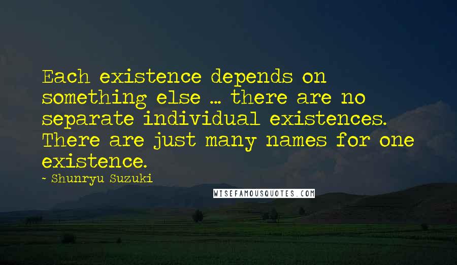 Shunryu Suzuki Quotes: Each existence depends on something else ... there are no separate individual existences. There are just many names for one existence.