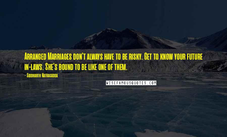 Siddharth Katragadda Quotes: Arranged Marriages don't always have to be risky. Get to know your future in-laws. She's bound to be like one of them.