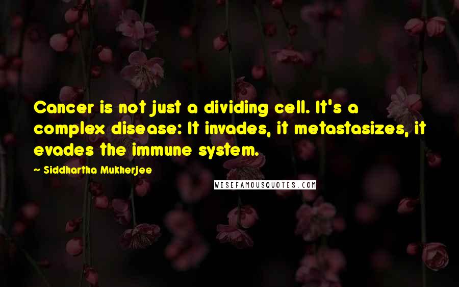 Siddhartha Mukherjee Quotes: Cancer is not just a dividing cell. It's a complex disease: It invades, it metastasizes, it evades the immune system.