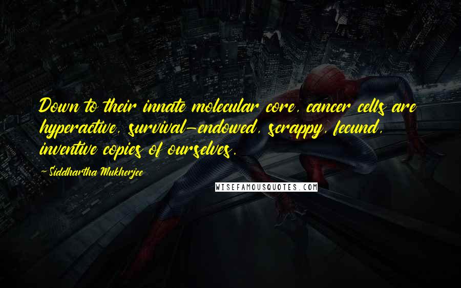 Siddhartha Mukherjee Quotes: Down to their innate molecular core, cancer cells are hyperactive, survival-endowed, scrappy, fecund, inventive copies of ourselves.