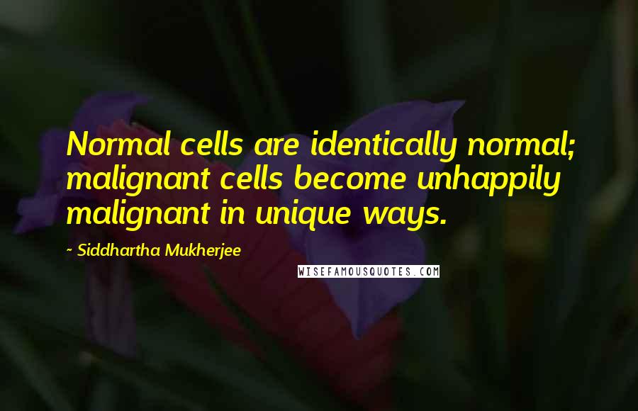 Siddhartha Mukherjee Quotes: Normal cells are identically normal; malignant cells become unhappily malignant in unique ways.