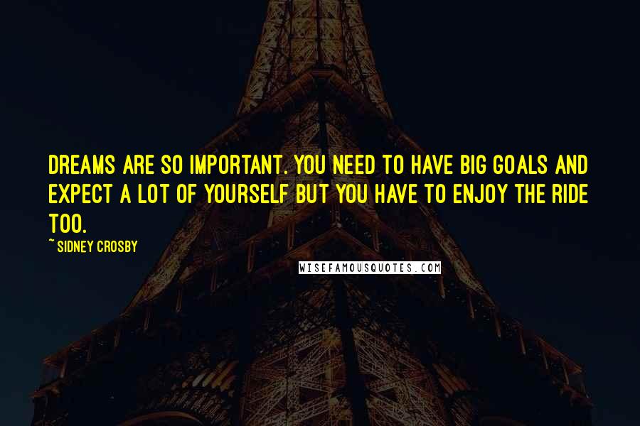 Sidney Crosby Quotes: Dreams are so important. You need to have big goals and expect a lot of yourself but you have to enjoy the ride too.