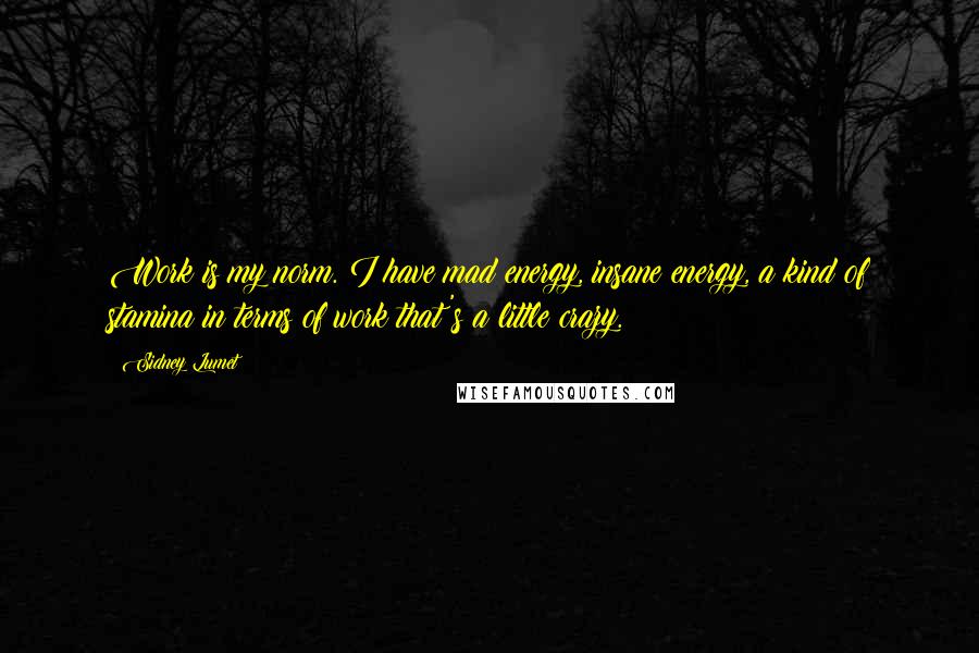 Sidney Lumet Quotes: Work is my norm. I have mad energy, insane energy, a kind of stamina in terms of work that's a little crazy.