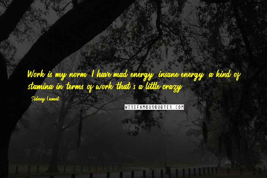 Sidney Lumet Quotes: Work is my norm. I have mad energy, insane energy, a kind of stamina in terms of work that's a little crazy.