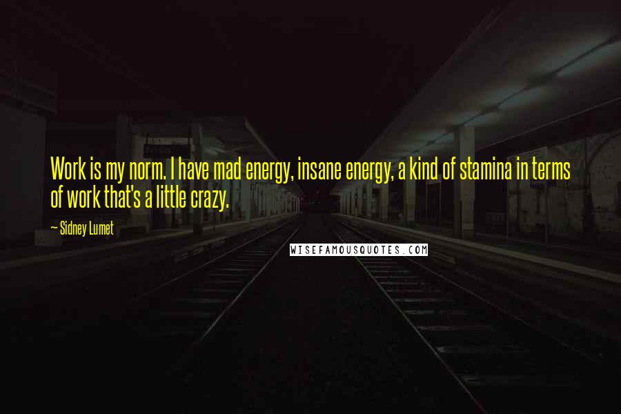 Sidney Lumet Quotes: Work is my norm. I have mad energy, insane energy, a kind of stamina in terms of work that's a little crazy.