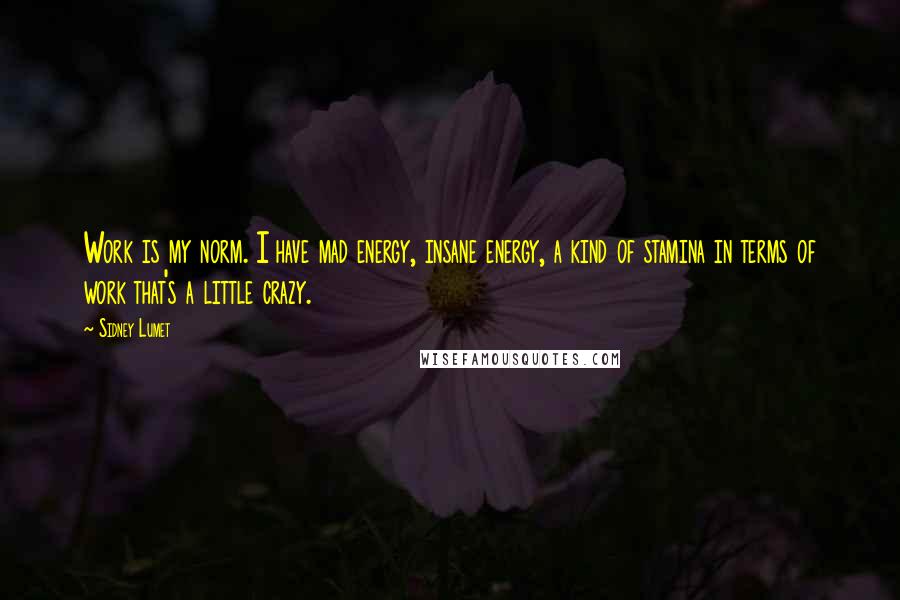 Sidney Lumet Quotes: Work is my norm. I have mad energy, insane energy, a kind of stamina in terms of work that's a little crazy.