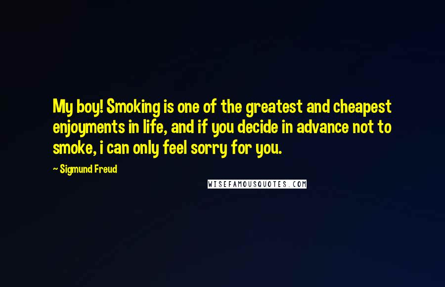 Sigmund Freud Quotes: My boy! Smoking is one of the greatest and cheapest enjoyments in life, and if you decide in advance not to smoke, i can only feel sorry for you.