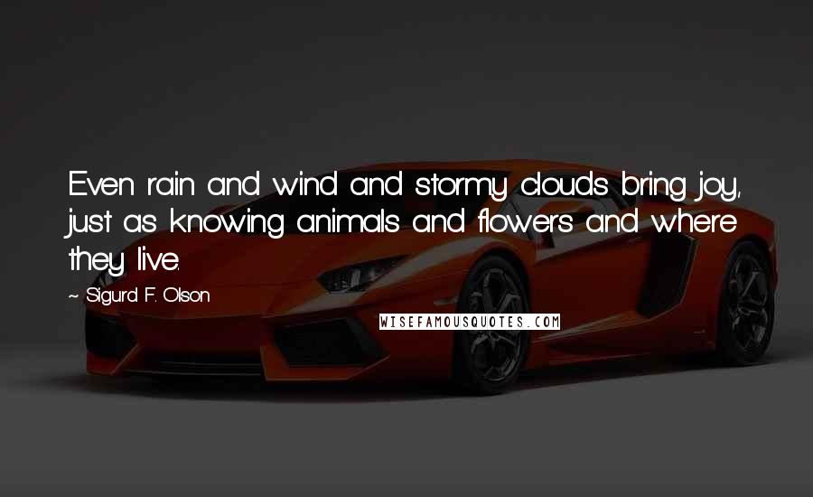Sigurd F. Olson Quotes: Even rain and wind and stormy clouds bring joy, just as knowing animals and flowers and where they live.
