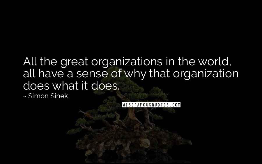 Simon Sinek Quotes: All the great organizations in the world, all have a sense of why that organization does what it does.