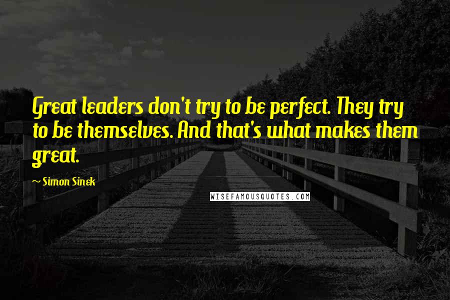 Simon Sinek Quotes: Great leaders don't try to be perfect. They try to be themselves. And that's what makes them great.
