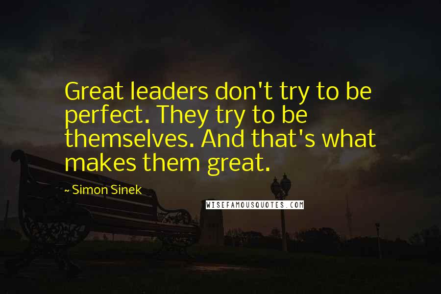 Simon Sinek Quotes: Great leaders don't try to be perfect. They try to be themselves. And that's what makes them great.