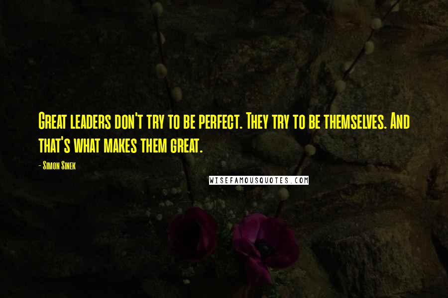 Simon Sinek Quotes: Great leaders don't try to be perfect. They try to be themselves. And that's what makes them great.