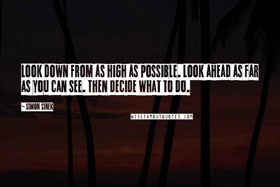 Simon Sinek Quotes: Look down from as high as possible. Look ahead as far as you can see. Then decide what to do.