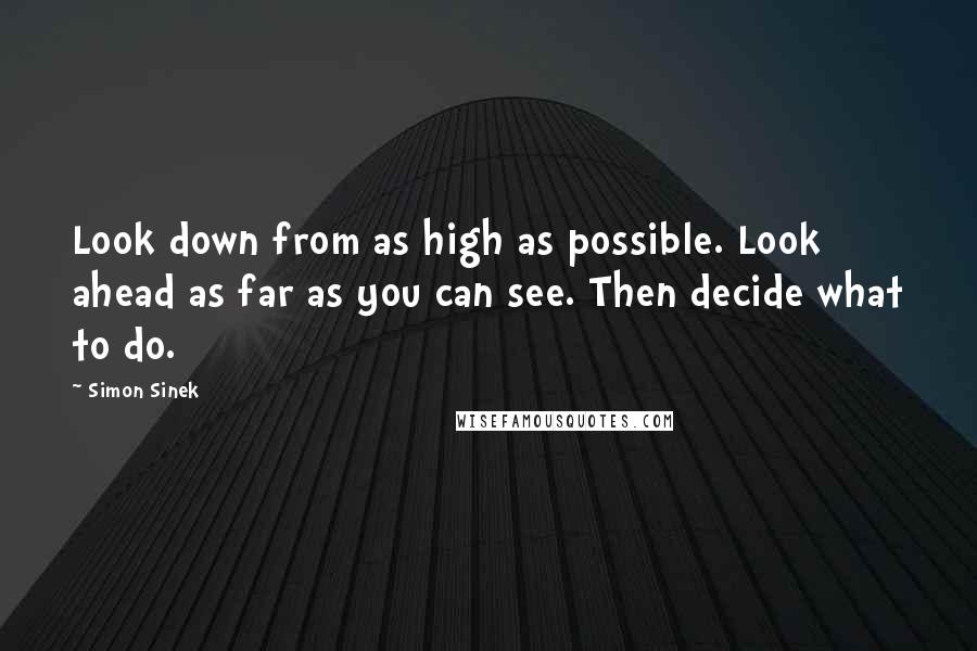 Simon Sinek Quotes: Look down from as high as possible. Look ahead as far as you can see. Then decide what to do.