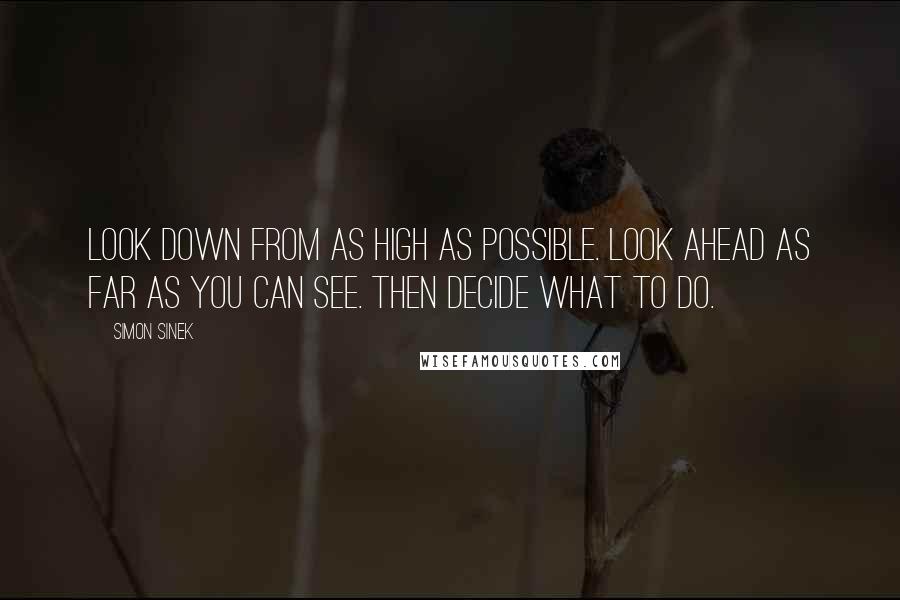 Simon Sinek Quotes: Look down from as high as possible. Look ahead as far as you can see. Then decide what to do.