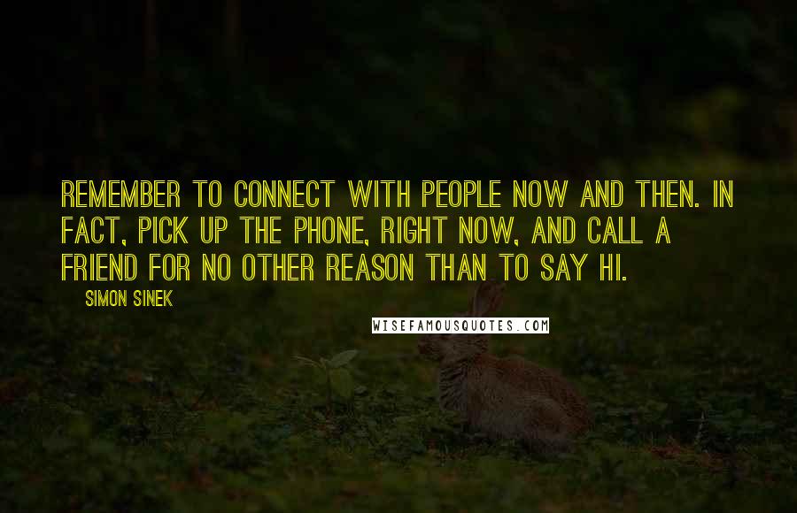 Simon Sinek Quotes: Remember to connect with people now and then. In fact, pick up the phone, right now, and call a friend for no other reason than to say hi.