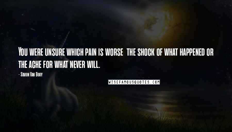 Simon Van Booy Quotes: You were unsure which pain is worse the shock of what happened or the ache for what never will.