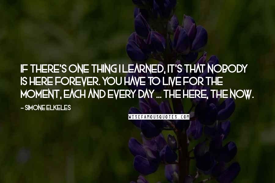 Simone Elkeles Quotes: If there's one thing I learned, it's that nobody is here forever. You have to live for the moment, each and every day ... the here, the now.