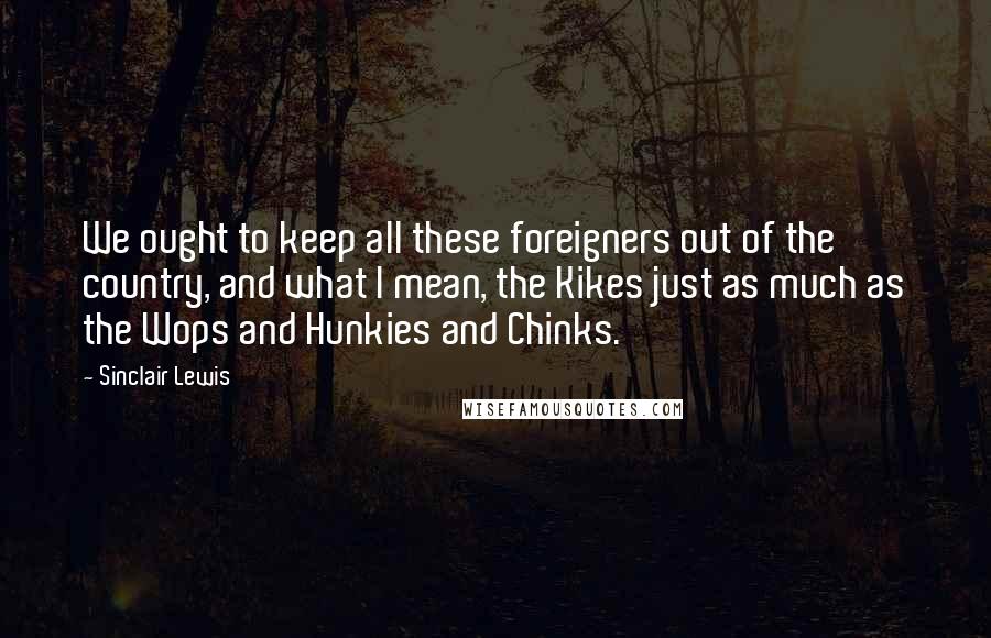 Sinclair Lewis Quotes: We ought to keep all these foreigners out of the country, and what I mean, the Kikes just as much as the Wops and Hunkies and Chinks.