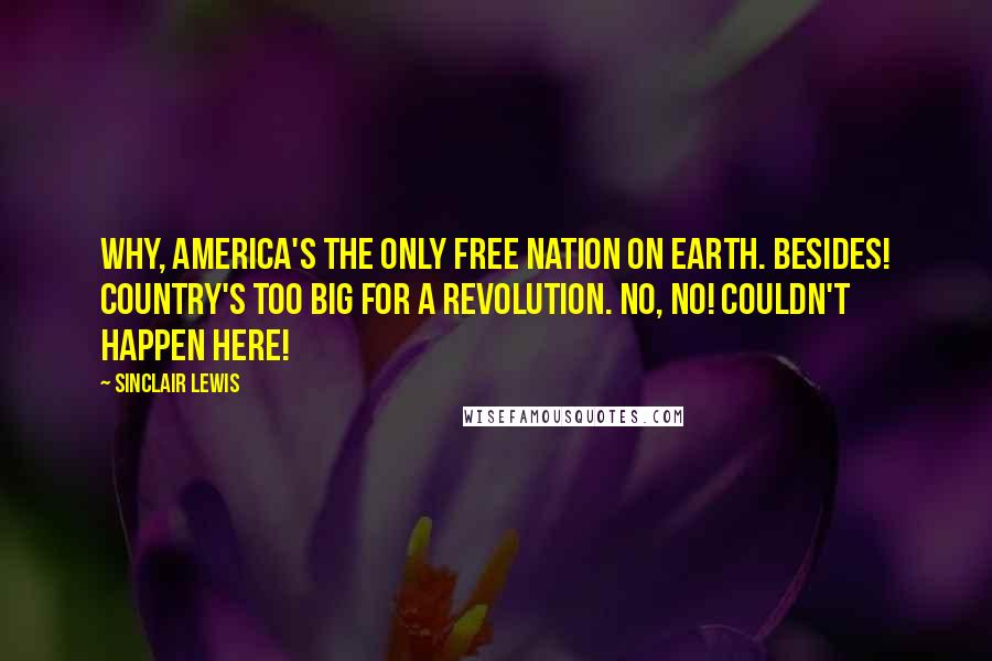 Sinclair Lewis Quotes: Why, America's the only free nation on earth. Besides! Country's too big for a revolution. No, no! Couldn't happen here!