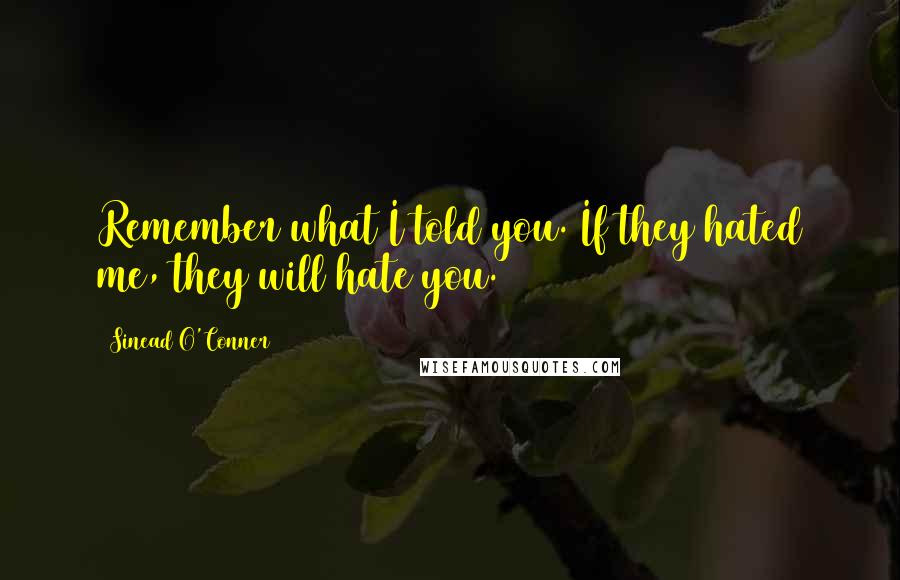 Sinead O'Conner Quotes: Remember what I told you. If they hated me, they will hate you.