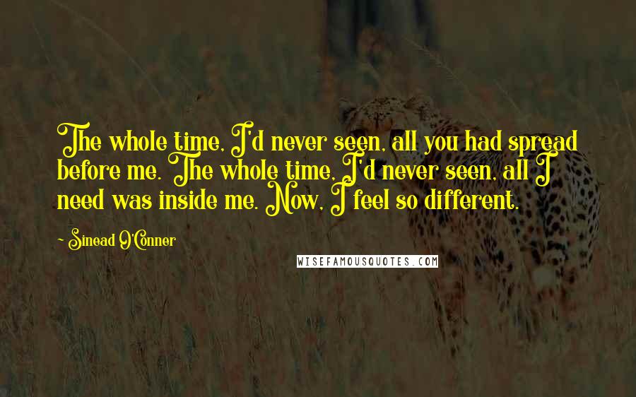 Sinead O'Conner Quotes: The whole time, I'd never seen, all you had spread before me. The whole time, I'd never seen, all I need was inside me. Now, I feel so different.