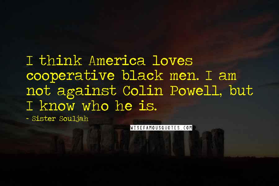 Sister Souljah Quotes: I think America loves cooperative black men. I am not against Colin Powell, but I know who he is.