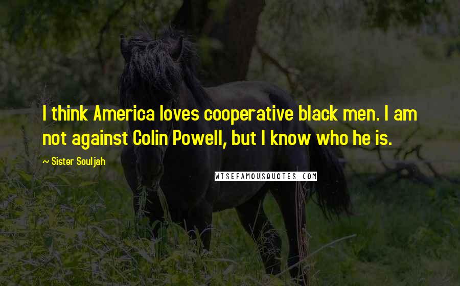 Sister Souljah Quotes: I think America loves cooperative black men. I am not against Colin Powell, but I know who he is.