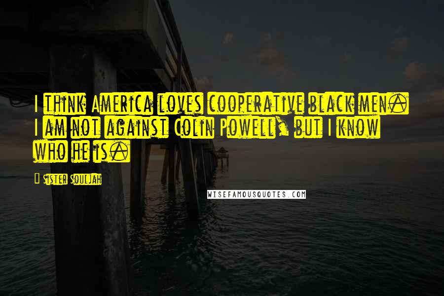 Sister Souljah Quotes: I think America loves cooperative black men. I am not against Colin Powell, but I know who he is.