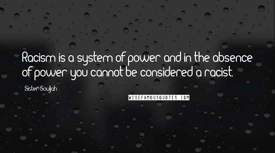 Sister Souljah Quotes: Racism is a system of power and in the absence of power you cannot be considered a racist.