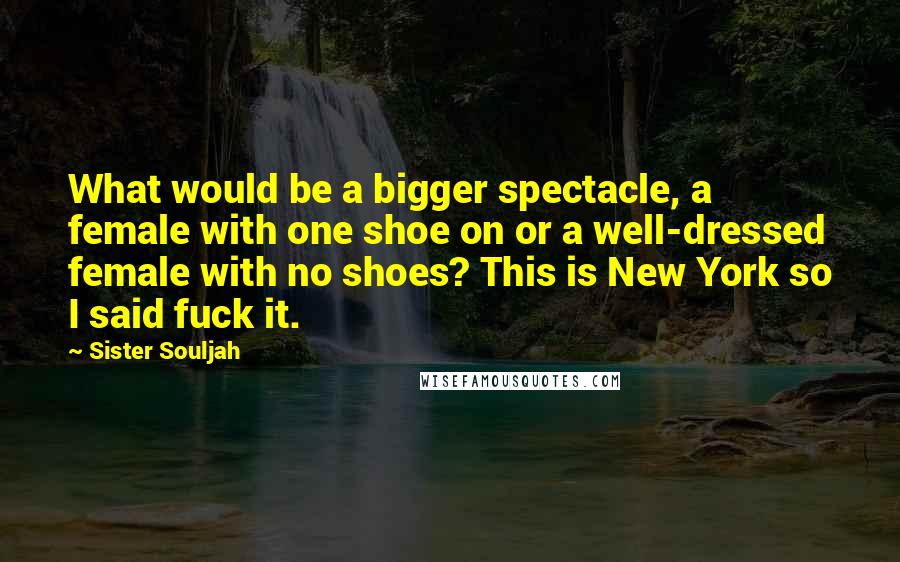 Sister Souljah Quotes: What would be a bigger spectacle, a female with one shoe on or a well-dressed female with no shoes? This is New York so I said fuck it.