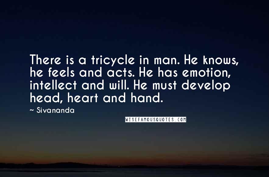 Sivananda Quotes: There is a tricycle in man. He knows, he feels and acts. He has emotion, intellect and will. He must develop head, heart and hand.