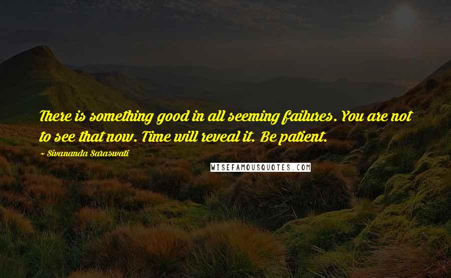 Sivananda Saraswati Quotes: There is something good in all seeming failures. You are not to see that now. Time will reveal it. Be patient.