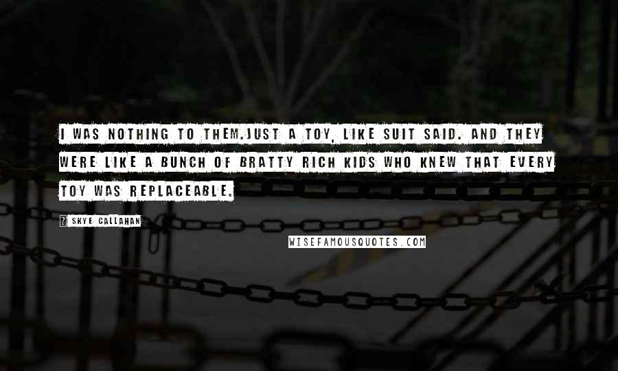 Skye Callahan Quotes: I was nothing to them.Just a toy, like Suit said. And they were like a bunch of bratty rich kids who knew that every toy was replaceable.