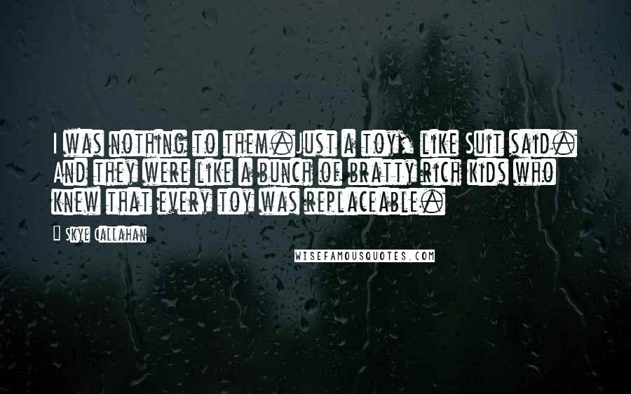 Skye Callahan Quotes: I was nothing to them.Just a toy, like Suit said. And they were like a bunch of bratty rich kids who knew that every toy was replaceable.