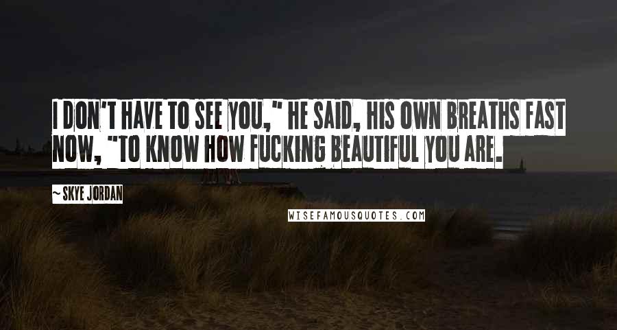 Skye Jordan Quotes: I don't have to see you," he said, his own breaths fast now, "to know how fucking beautiful you are.