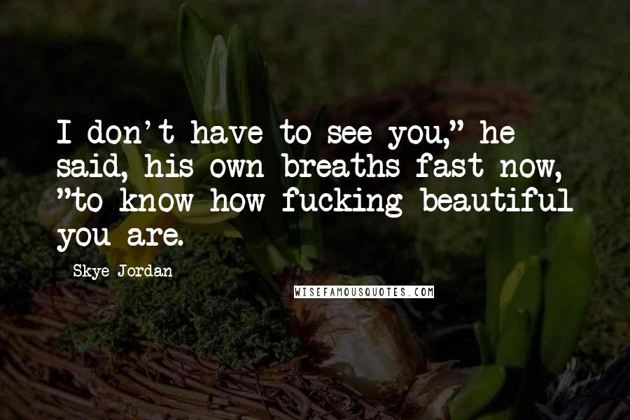 Skye Jordan Quotes: I don't have to see you," he said, his own breaths fast now, "to know how fucking beautiful you are.