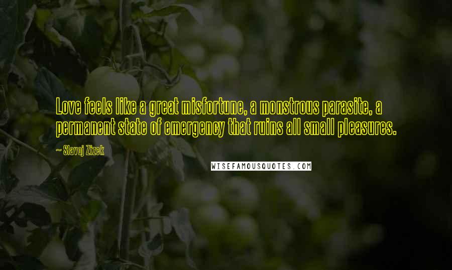 Slavoj Zizek Quotes: Love feels like a great misfortune, a monstrous parasite, a permanent state of emergency that ruins all small pleasures.