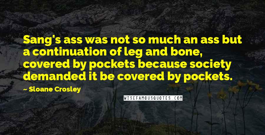 Sloane Crosley Quotes: Sang's ass was not so much an ass but a continuation of leg and bone, covered by pockets because society demanded it be covered by pockets.