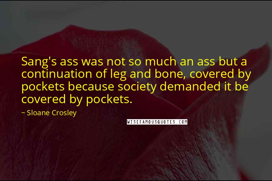 Sloane Crosley Quotes: Sang's ass was not so much an ass but a continuation of leg and bone, covered by pockets because society demanded it be covered by pockets.