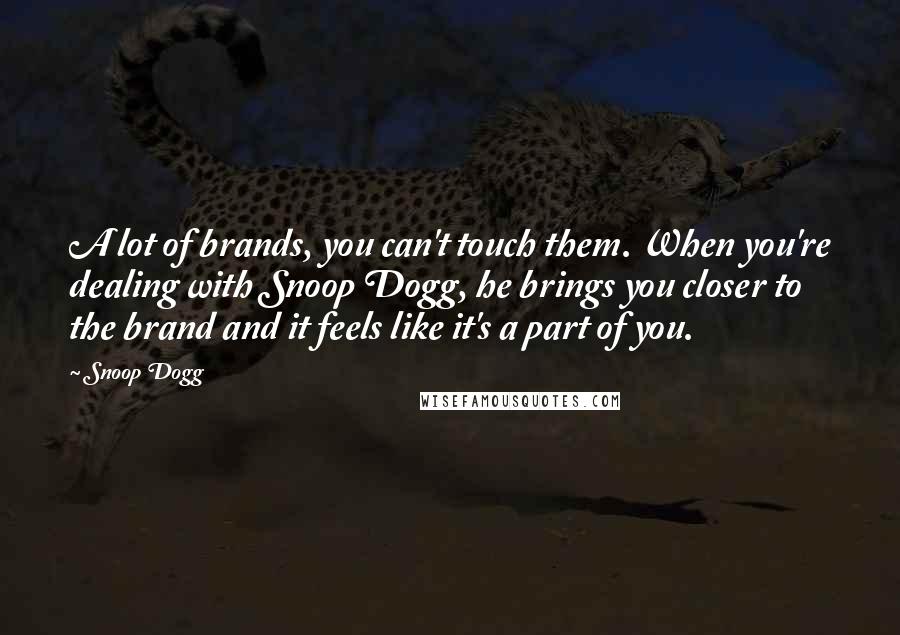 Snoop Dogg Quotes: A lot of brands, you can't touch them. When you're dealing with Snoop Dogg, he brings you closer to the brand and it feels like it's a part of you.