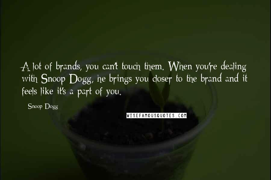 Snoop Dogg Quotes: A lot of brands, you can't touch them. When you're dealing with Snoop Dogg, he brings you closer to the brand and it feels like it's a part of you.